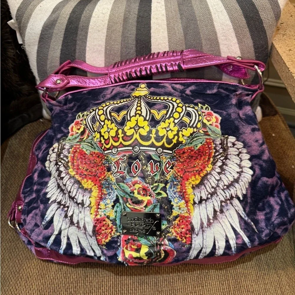 Rare Ed Hardy Large‎ Tye Dye Hobo Metallic Crystal Tattoo. Amazing NWOT